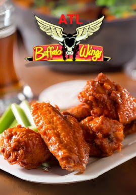 A staff member from ATL Buffalo Wings handing over an order with a printed order ticket.