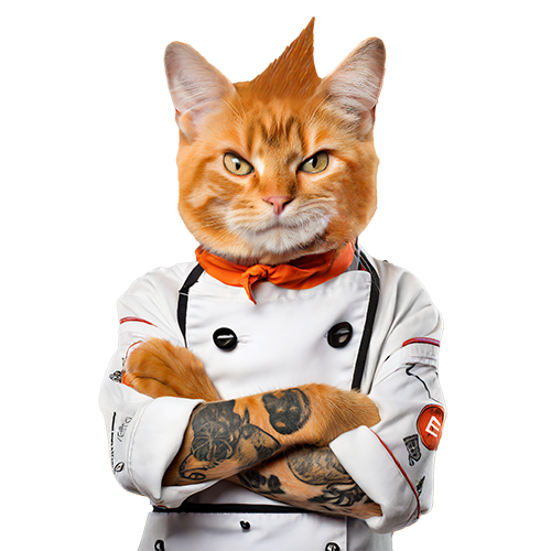 El Gato, CAKE's brand mascot, is a friendly-looking orange cat dressed in a chef's coat with tattoos on its arms.