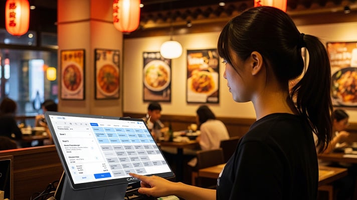 A restaurant worker in an Asian restaurant setting uses the CAKE POS system to take an order.