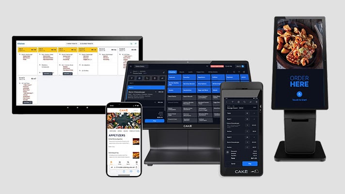 The complete CAKE POS suite, including the main terminal, handheld device, and self-service kiosk, designed to streamline