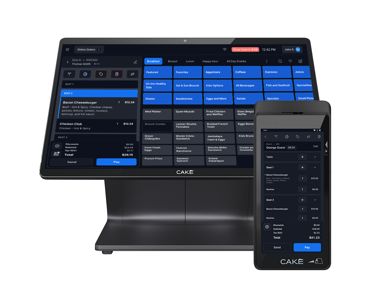 The CAKE POS terminal and CAKEpop handheld devices displayed with a dark mode interface, as a modern alternative to Clover's system.