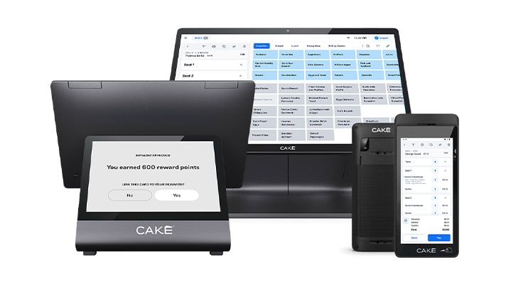 The CAKE POS system displayed, including the front-and server-facing terminal and the CAKEpop handheld device, showcasing a robust alternative to Square for restaurants.