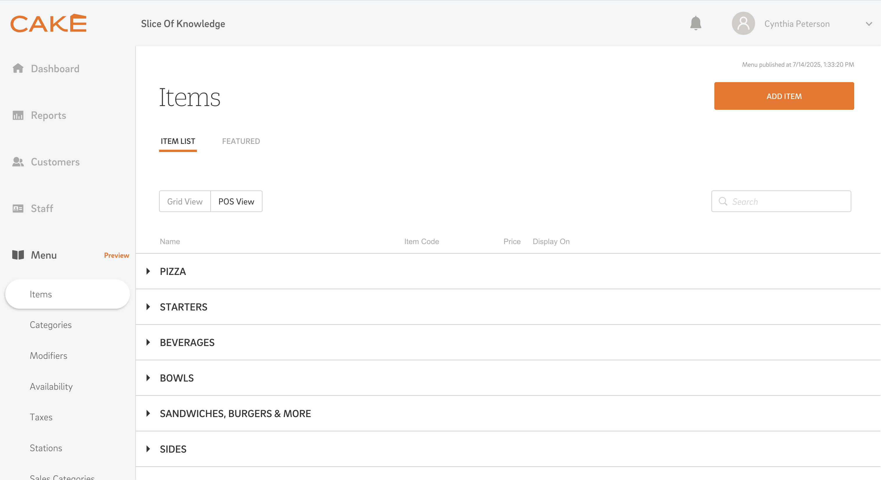 CAKE POS menu management dashboard, showing the 'Items' list with categories and customizable pizza toppings.