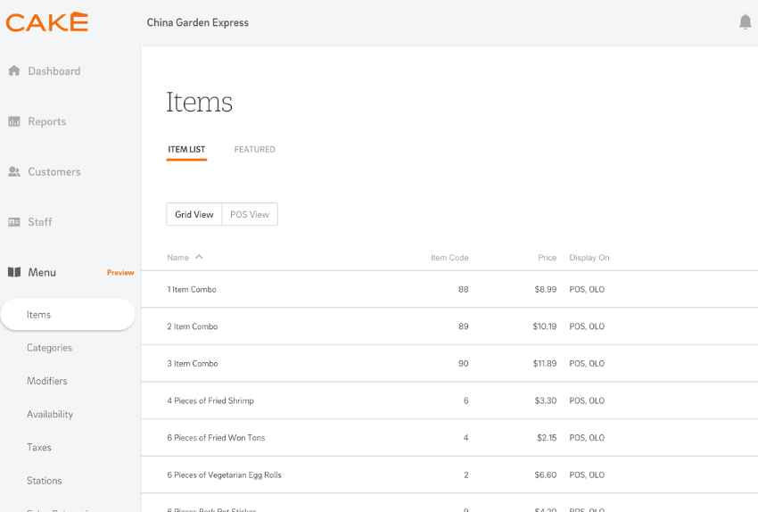A screenshot of the CAKE POS admin portal, showing a customized menu for an Asian restaurant with a list of food items.