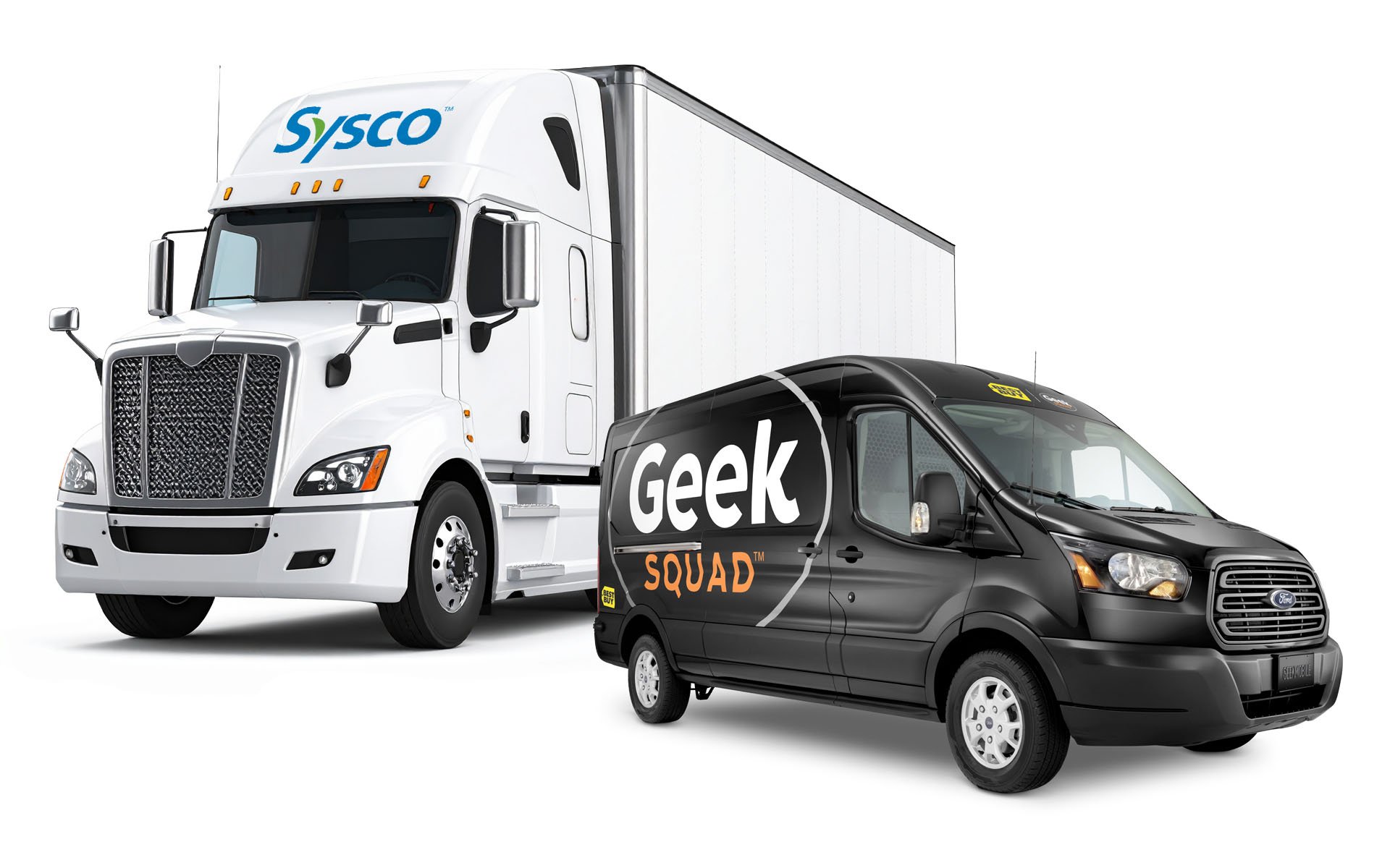 A Sysco food service truck and a Best Buy Geek Squad van, illustrating CAKE's partnerships with both companies.