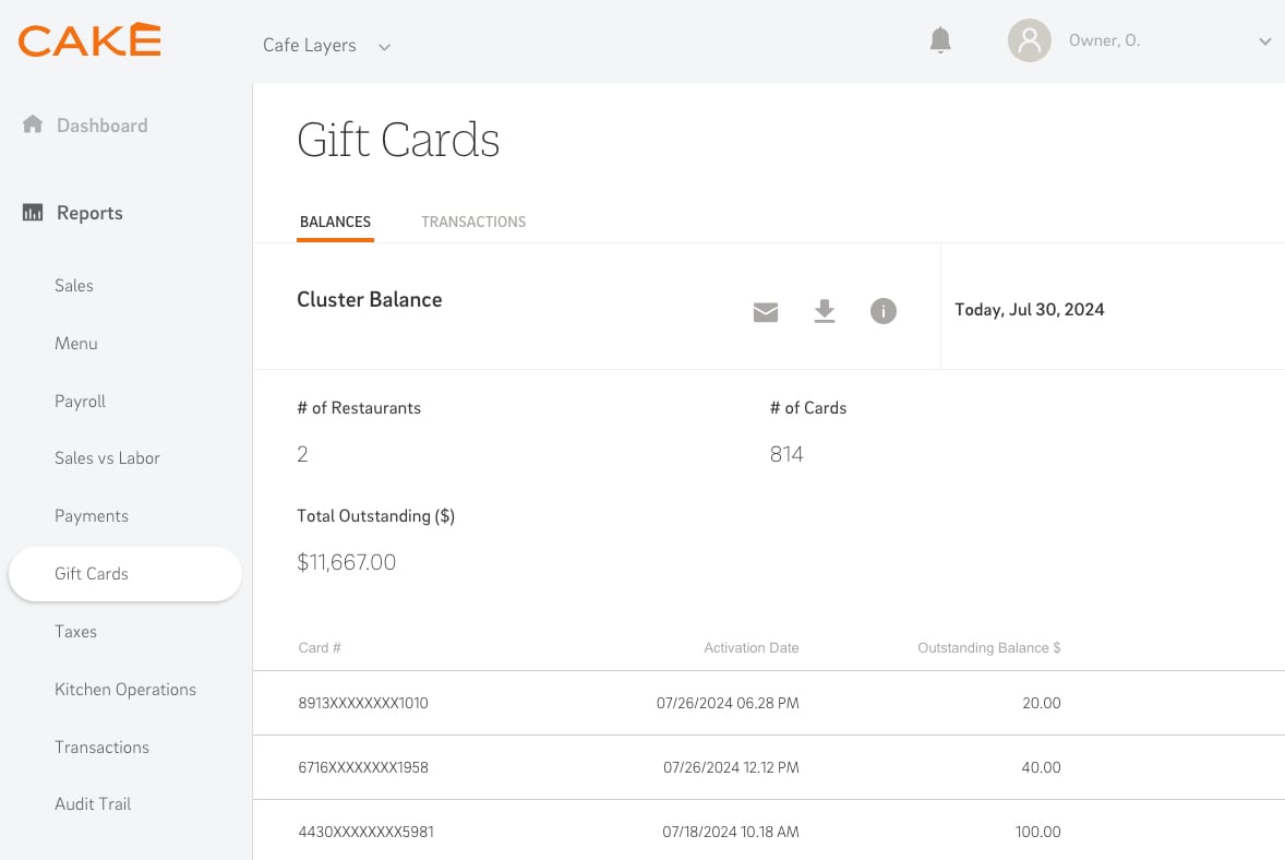 CAKE POS dashboard gift card report showing balances, sales, and insights to track restaurant program performance.