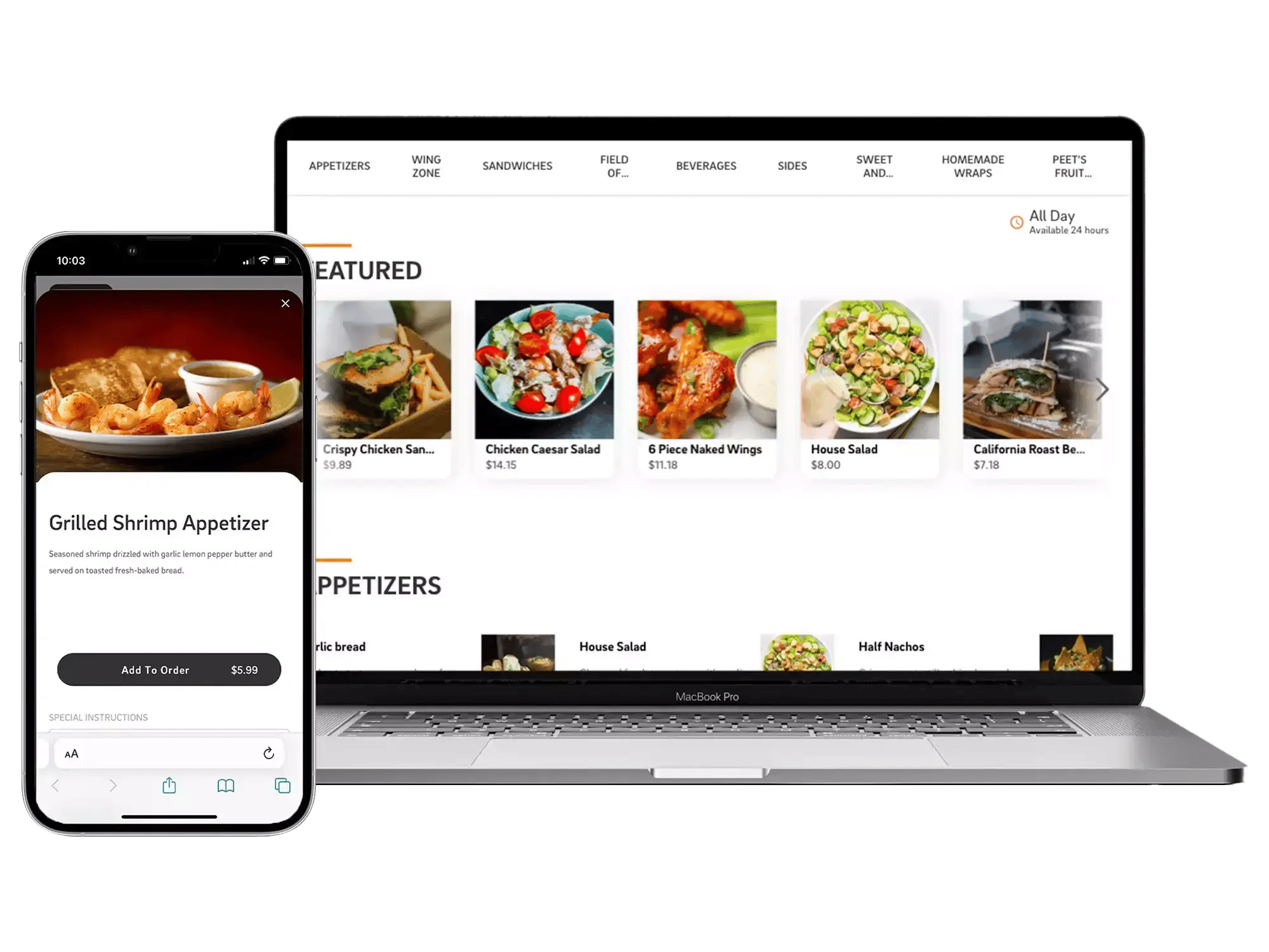 A screenshot of a laptop and a phone showing a restaurant's online ordering menu and checkout screen on the CAKE system.