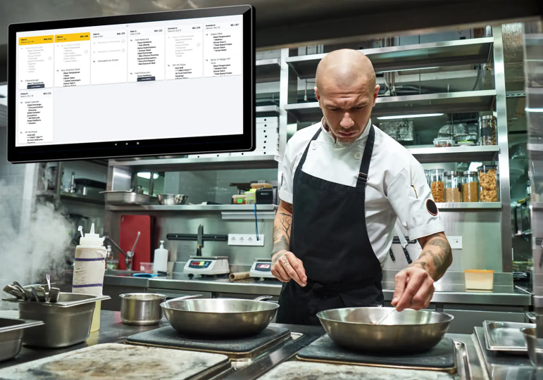 a chef in a kitchen looking at a CAKE Kitchen Display System.