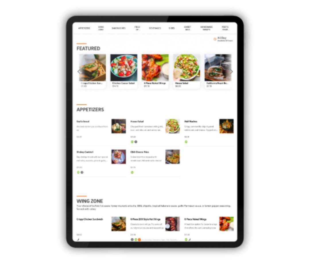 A screenshot of a menu on the CAKE Self-Service Kiosk, showing food items with high-quality images.