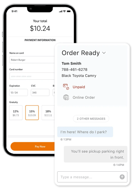 a smartphone showing an online ordering menu with a large screen behind it that displays a receipt for a takeout order.