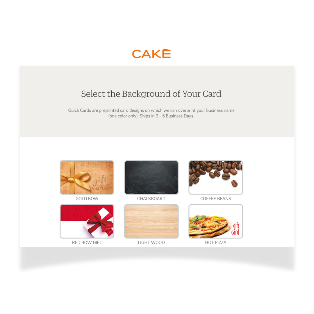 CAKE POS gift card design options including gold bow, chalkboard, coffee beans, wood, pizza, and customizable branding.