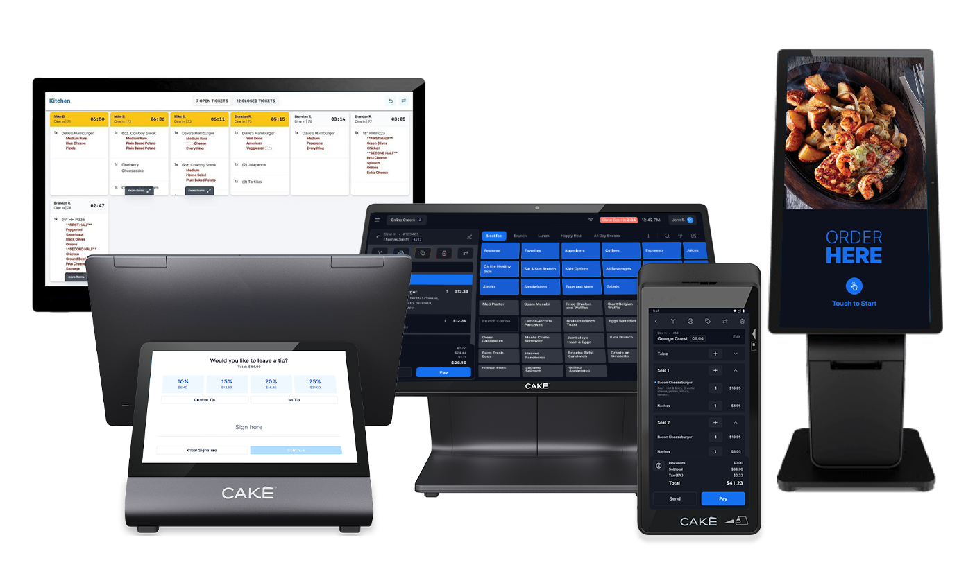 The full suite of CAKE POS products, including the main terminal, handheld device, and self-service kiosk, all shown together.