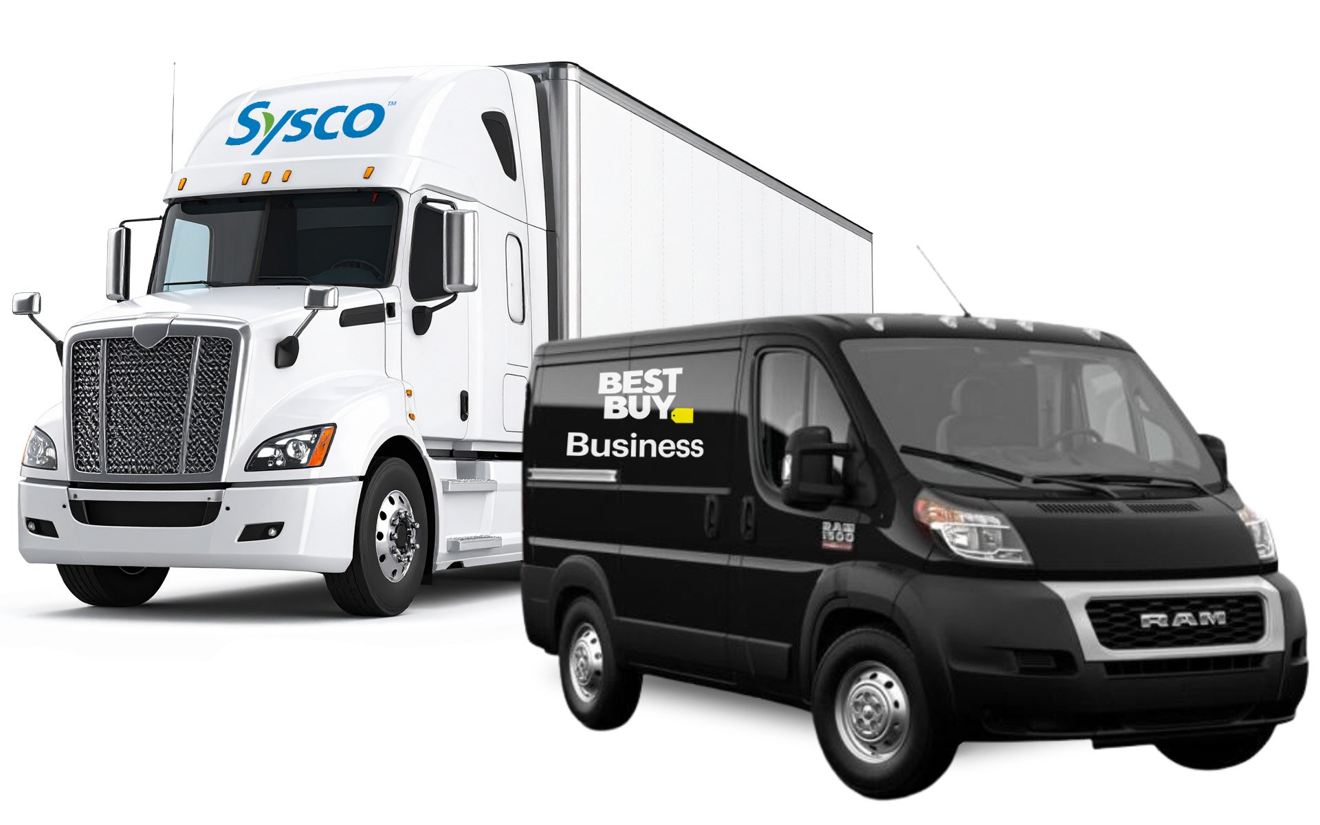 A Sysco food service truck and a Best Buy installation van, illustrating CAKE's partnerships with both companies.